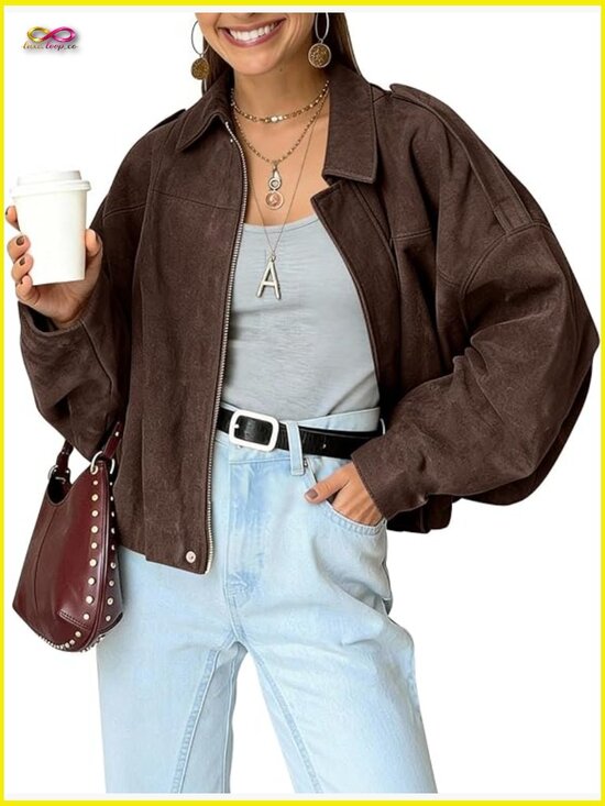Jackets & Blazers - Oversized Faux Suede Bomber Jacket Batwing Long Sleeve Cropped Zip Up Streetwear